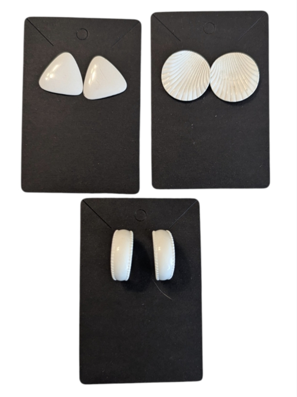 Vintage Retro Summer White Stud Pierced Earring Trio Shell & Geometric Designs